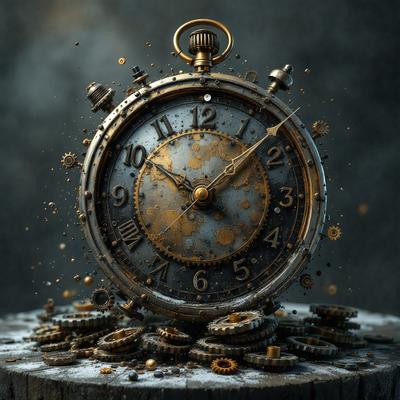 The primary subject of the image is a large, old-fashioned clock with a gold and brown color scheme. The clock is placed on a table, surrounded by various clock parts and gears. The setting appears to be a workshop or a space dedicated to clock-making and repair. The visual style of the image is a combination of photo and digital art, creating a unique and intricate representation of the clock and its components. The colors and mood of the image are warm and nostalgic, evoking a sense of history